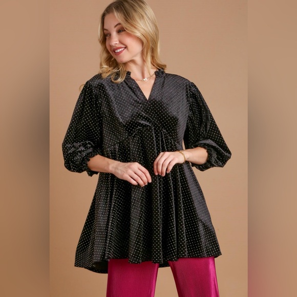 Beaded Frill Flounce Sleeve Velvet Babydoll Blouse